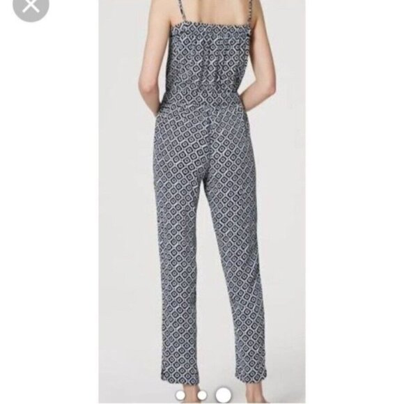 LOFT Jumpsuit S Navy Blue Geo Print Straight Leg Strappy - Picture 11 of 11